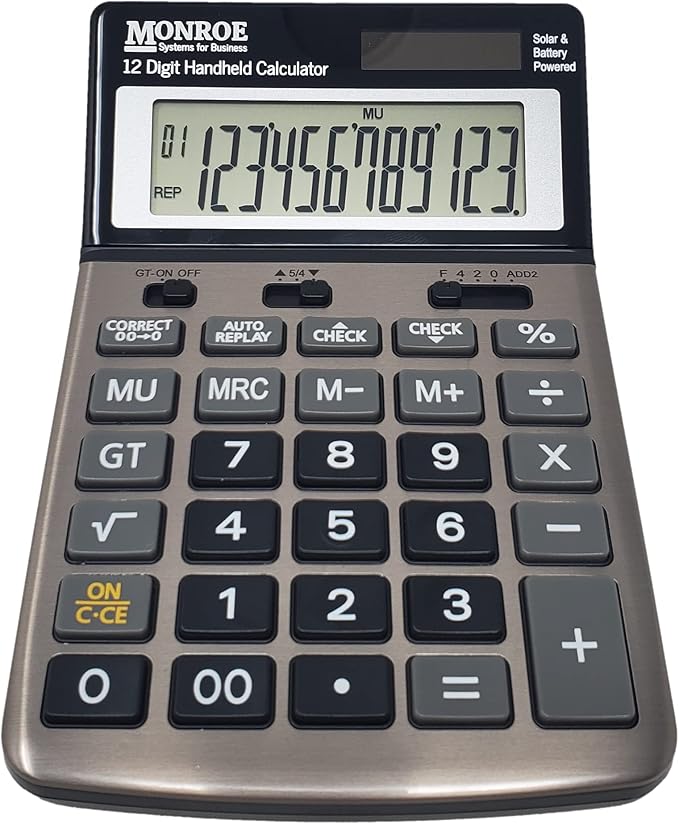 Monroe Handheld 12-Digit Calculator with Check and Correct Functionality