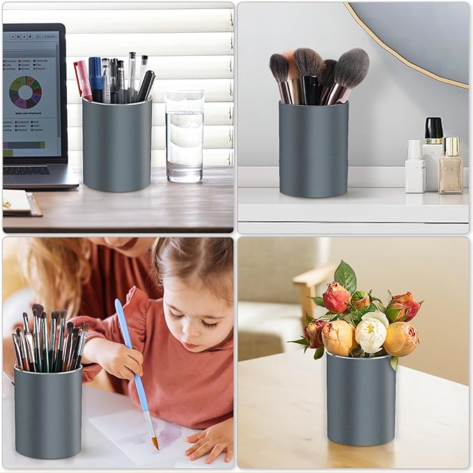 Metal Pen Holder for Desk Round Aluminum Desktop Organizer and Makeup Brush Holder Storage Box for Office, School, Home, and Kids, Non-slip silicone bottom3.9×3.14inch (Grey)