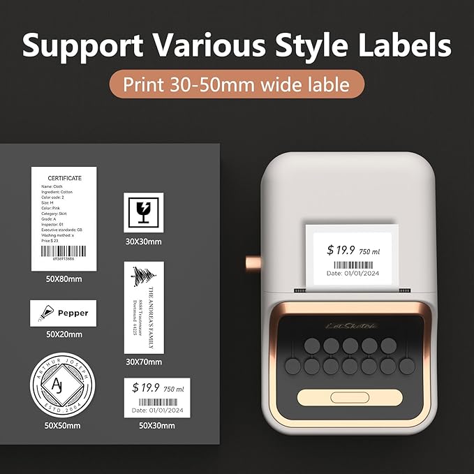 Wireless Mini Retro Label Maker Machine with Tape,Bluetooth Portable Thermal Sticker Printer for Phone,Small Business, Address, Logo, Qr Code, Food,Home, Kitchen,with 50×30mm Label (White)