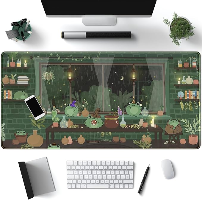 Cute Desk Mat Kawaii Frog Mouse Pad Green Desk Anime Mat Large Gaming Mouse Pad Desk Computer Keyboard Pad Desk Home Office Accessories Girl Stitched Eges (31.5x15.7 in) WER236