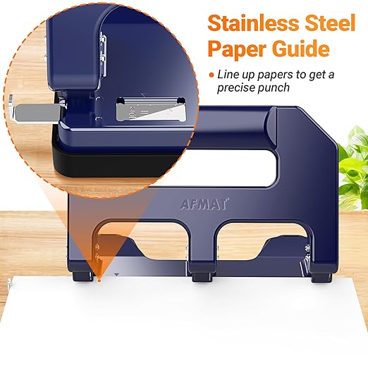 AFMAT HPX1 Heavy Duty 3 Hole Punch, 3 Hole Puncher for Binder, 40-Sheet Three Hole Punch w/ 10000+ Uses, Metal Hole Puncher 3 Ring, 50% Reduced Effort, Bulit-in S.S. Paper Guide (Blue)