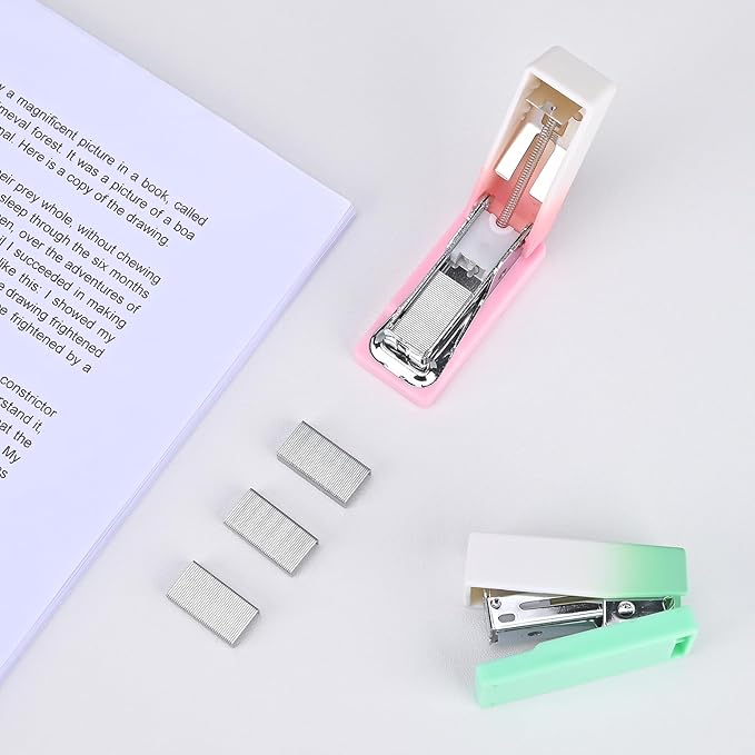 Temiary 2 Pcs Mini Desktop Stapler with Staples Standard, Small Cute Stapler for Desk, 12 Sheets Capacity, Gradient Staplers for Student or Office Use (Green & Pink)