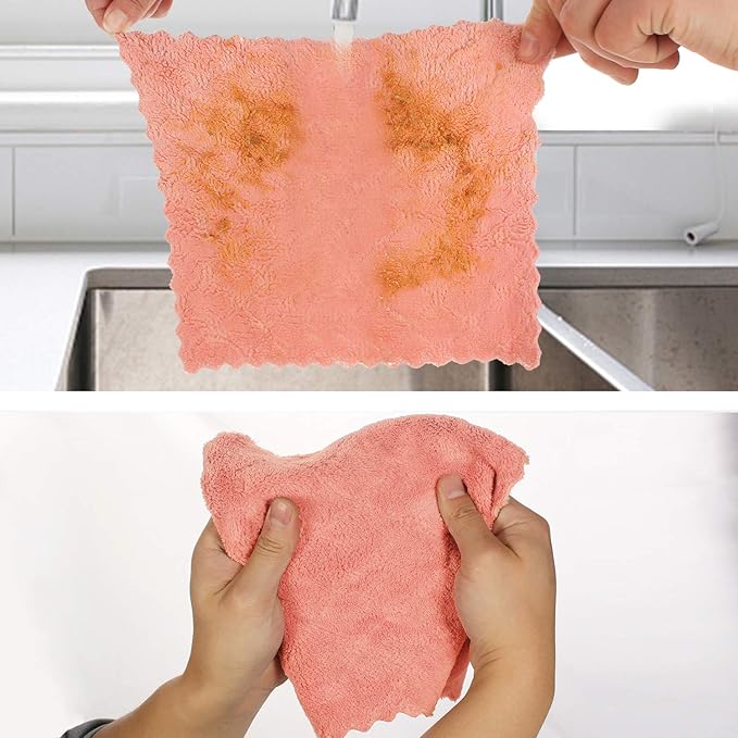 Cleaning Cloths Kitchen Towels Microfiber Washcloths Lint Free Dish Cloth Reusable Dishtowels Household Super Absorbent Fast Drying, 10"x10", Pack of 5 (Pink-Grey)