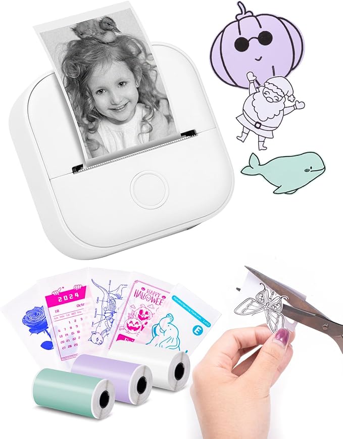 Memoking Sticker Printer - Mini Printer T02 Thermarote Mini Inkless Label Makers Thermal Sticker Maker Machine for Children Students, Compatible with Phone & Tablet, White