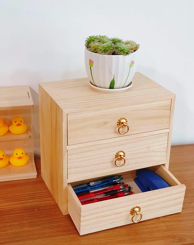 3 Layer Natural Wooden Storage Box with Drawers Desk Organizer Desk Accessories 3 Drawer Storage Organizer Wood Tabletop Organizer with Metal Handle for Home Office Counter Craft Decor