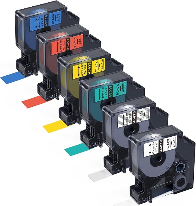 Label KINGDOM Label Maker Refills Replacement for Dymo 45013 45010 45016 45017 45018 45019 (Black on White/Clear/Blue/Red/Yellow/Green), for lm160 280 PnP 360D 210D 420P, 1/2" x 23 Ft, 6-Pack