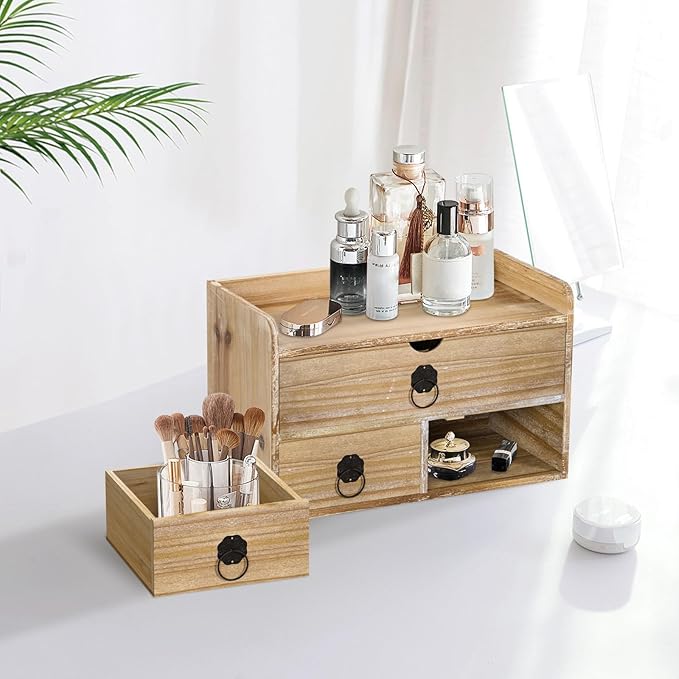 Washed White Wood Desk Organizer, Mini Desktop Organizer with Drawers, Tabletop Storage Organization for Home Office Supplies Vanity, No Assembly Required (3 Drawer and Shelf)
