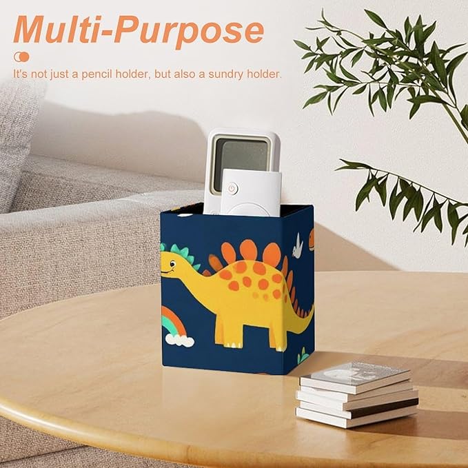 Pen Holder Square Leather Pencil, Holder Cup Makeup Brush Storage Organizer, Waterproof Multifunctional Office Supplies Dinosaur
