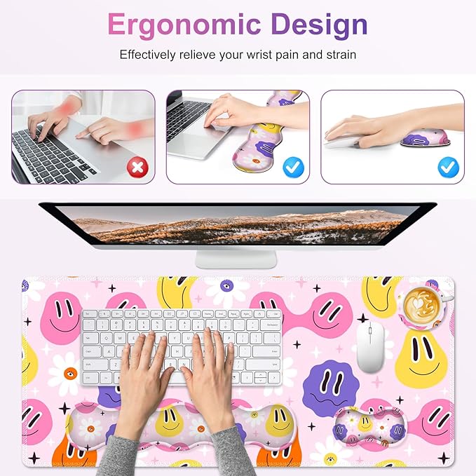 Gaming Mouse Pad Keyboard Wrist Support, 4 in1 Mousepad with Wrist Keyboard Rest, Computer Desk Mat, Non-Slip Desk Pad Protector with Memory Foam Easy Typing Pain Relief I Cute Hippie Smiley