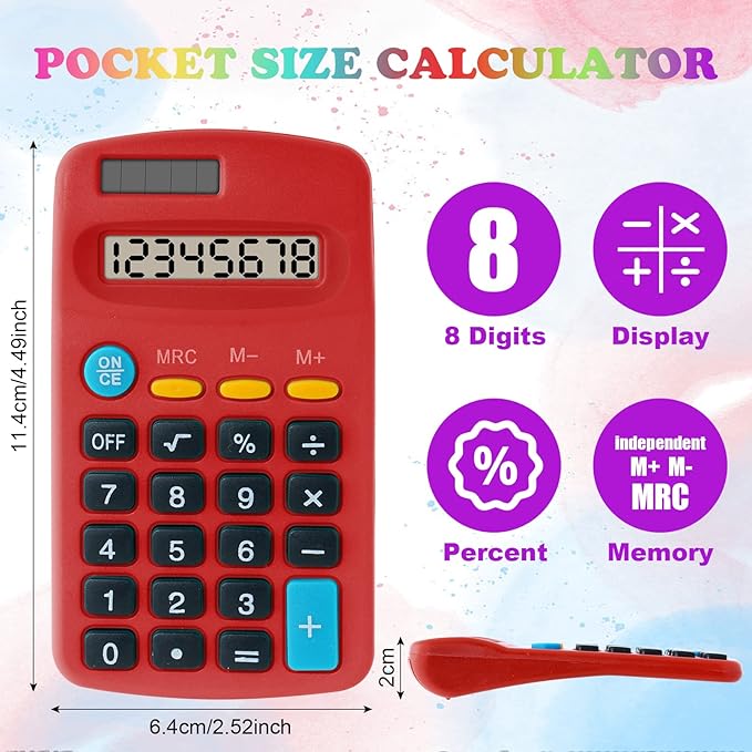 18 Pieces Pocket Calculator,Pocket Size Mini Calculators,8 Digit Display Basic Calculator,Solar Battery Dual Power Desktop Calculators for Students Kids Home Office (Multicolor, 18 Pieces)