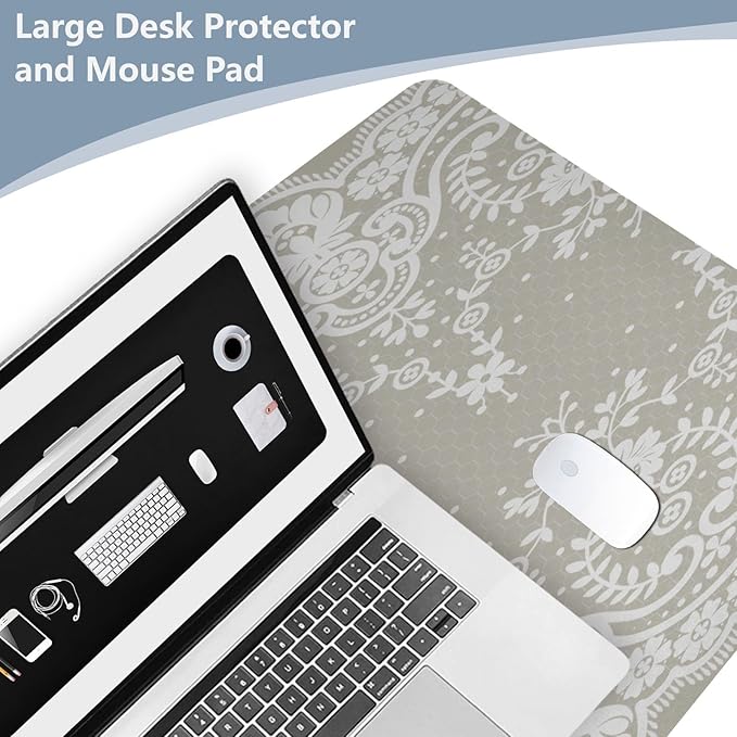 Mouse Pad Desk Mat Leather Desk Pad Large Gaming Desk Cover Protector Mat for Keyboard Computer Laptop Office Waterproof 47.2 x 23.6 Inch Lace Flowers Beige