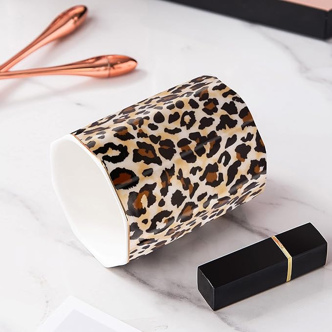 Jwest Pen Holder, Makeup Brush Holder Ceramic Shiny Gold Leopard Cheetah Pattern Animal Pencil Cup for Girls Women Durable Stand Desk Organizer Storage Gift for Office, Classroom, Home Light Brown
