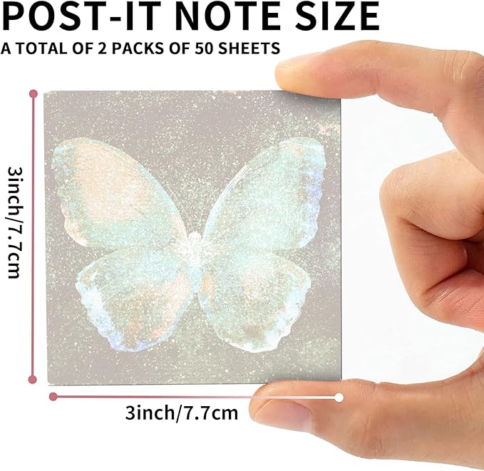 2 Pack Sticky Notes 3x3 Inches, Bright Cute Strong Sticking Power, Easy to Post for Home, Office, 80sheets/Pads, Cute Green Butterfly
