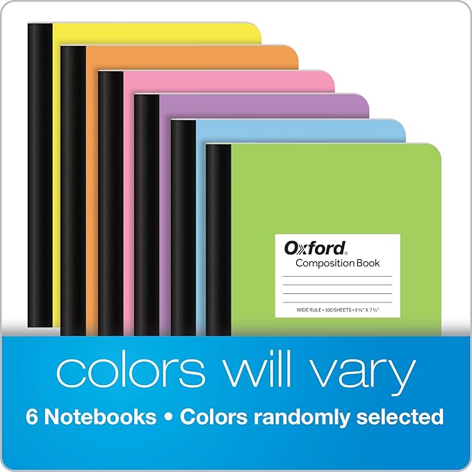 Oxford Composition Notebooks, 6 Pack, Cover Colors Vary, Wide Ruled Paper, 9-3/4 x 7-1/2 Inch School Journals, Assorted Pastel Covers, 100 Sheets, per Book (63759)