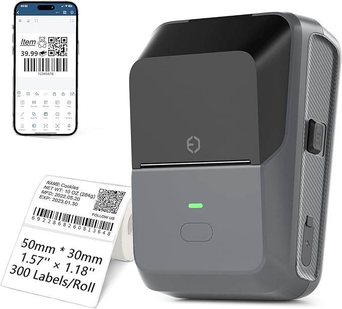 Label Maker for Small Business with Auto Scan, Label Maker Machine with Tape, Portable Bluetooth Thermal Printer for Barcode, Shipping, Office, Home, with 50 * 30mm * 300 Labels (Gray)