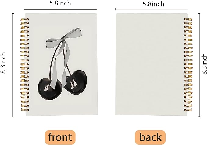 Coquette Black Bow Notebook Journal, Preppy Cherry Journal Notebook for Note Taking Work, Preppy Gifts For Women, Black Office Supplies, Spiral Notebook 5.5x8.3 Inch