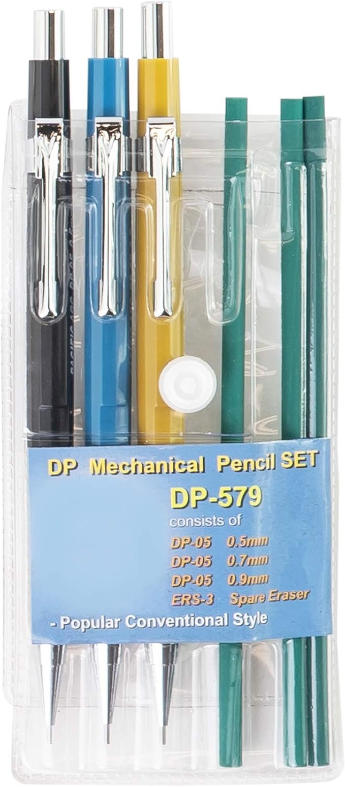 Pacific Arc Mechanical Pencil Set, .5 mm, .7mm, .9 mm Mechanical Pencil with 3 Spare Erasers, Refillable Lead Pencil Holder for Drafting, Sketching, and Drawing
