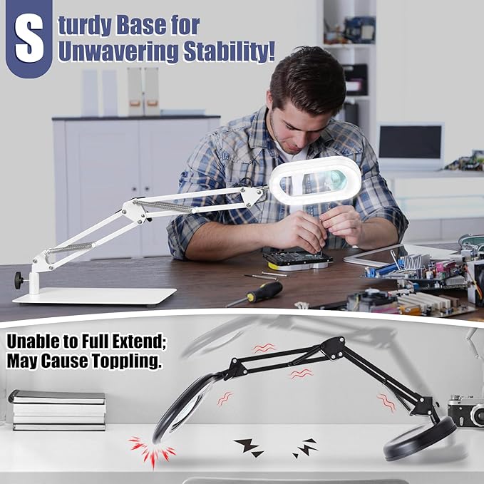 Drdefi 10X Square Magnifying Glass with Light and Stand, Real Glass LED Lighted Magnifier, 5 Color Modes Stepless Dimmable, Hands-Free Mag Desk Lamp with Clamp for Reading Craft Hobby Close Work White