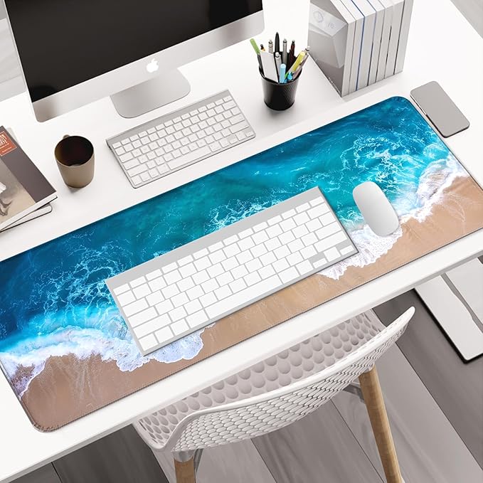 Ocean Beach Gaming Mouse Pad, Extended Large Sea Wave Desk Mat, Computer Keyboard Laptop Mousepad for Work, Office and Home, XL, Blue