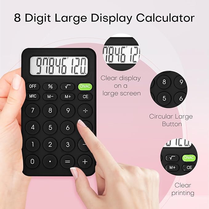 Cute Basic Four Function Calculator for Teachers & Students - Small Handheld, 8 Digit LCD Display, Sensitive Buttons, 5.5x3.2 inches Black