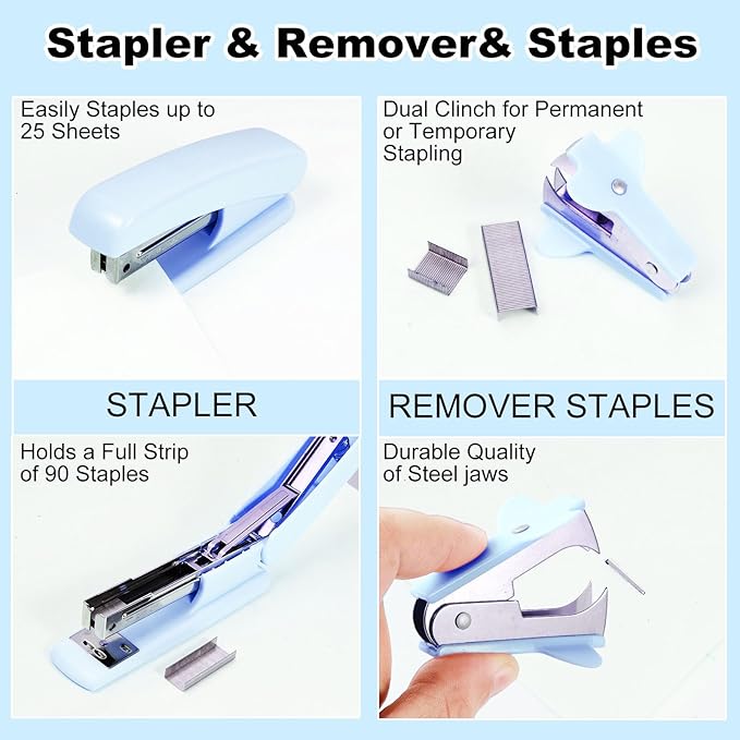 Blue Desk Organizers and Accessories 10Pcs Set with 360-Degree Rotating Pen Holder, Tape Dispenser, Stapler, Staple Remover, 1000 Staples, Tape, Clips Set, Ruler, Scissor, Pen