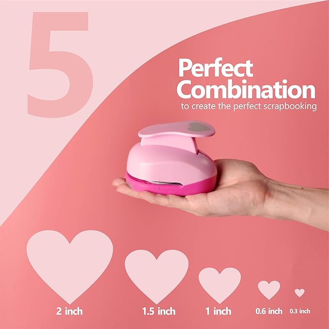 BearBoss 5 Pack Heart Punch, Craft Hole Punch Shapes, Pink Paper Puncher, Different Size of Scrapbooking Punches for Greeting Card Making, Handcraft, DIY Albums Photos, 0.3'' 0.6'' 1'' 1.5'' 2'' inch