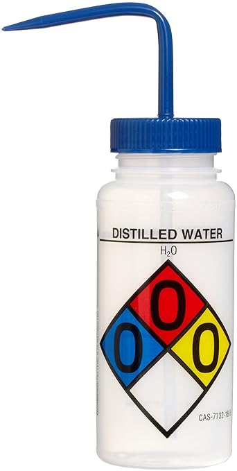 SP Bel-Art Safety-Labeled 4-Color Distilled Water Wide-Mouth Wash Bottles; 500ml (16oz), Polyethylene w/Blue Polypropylene Cap (Pack of 4) (F11716-0004)