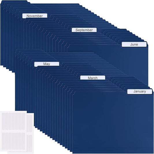 48 Pack Colored Plastic File Folders with Tabs and Sticky Labels Sturdy 1/3 Cut Tab Manila File Folders Letter Size 8. 5 x 11 Inch for Office Home Supplies Organizer Documents(Navy Blue)