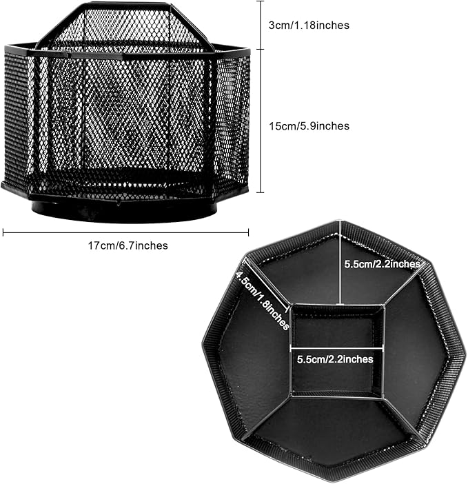 Comix 360° Rotating Pen Holder for Desk, 5 Compartments Office Desk Organizer, Black Mesh Metal Pencil Holder Cup for Office Home School