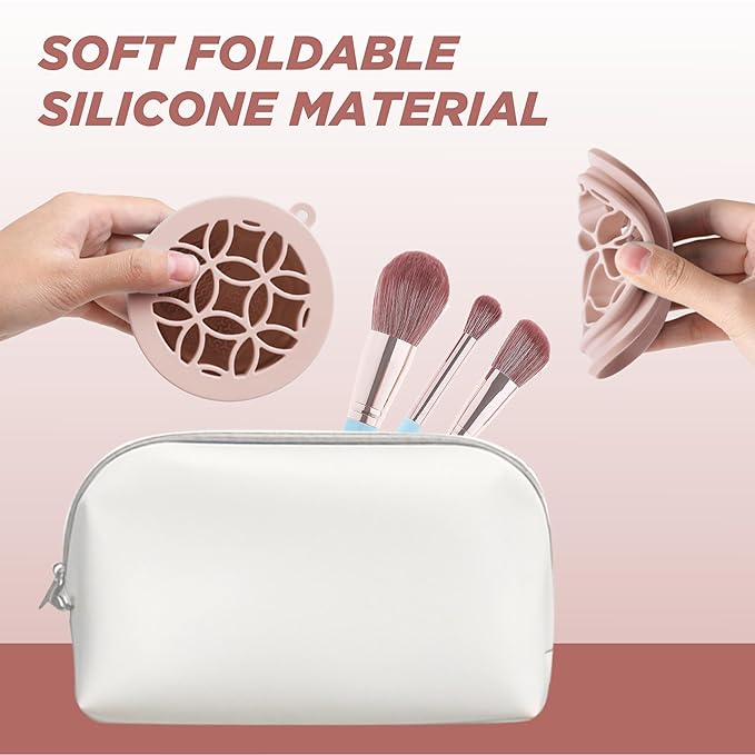 Makeup Brush Cleaner - Foldable Silicone Makeup Brush Cleaner Mat with Brush Storage Holder Makeup Brush Cleaning Bowl Cosmetic Brush Washing Tool for Cleaning Organizer and Drying (Nude Pink)