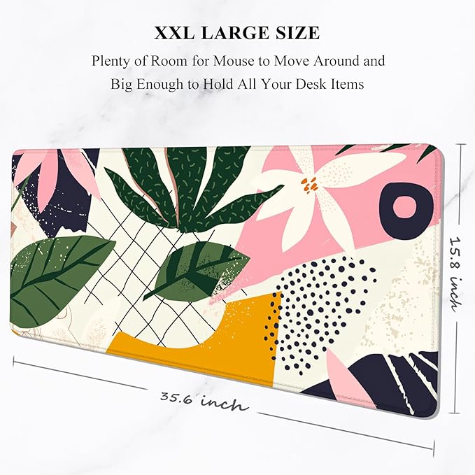 Auhoahsil Desk Mouse Pad, Large Gaming Mousepad, XXL Desk Pad, Extended Long Superior Micro-Weave Cloth Non-slip Rubber Big Computer Mouse Mat for Gamer, Office & Home, 35" x 15", Pink Tropical Flower
