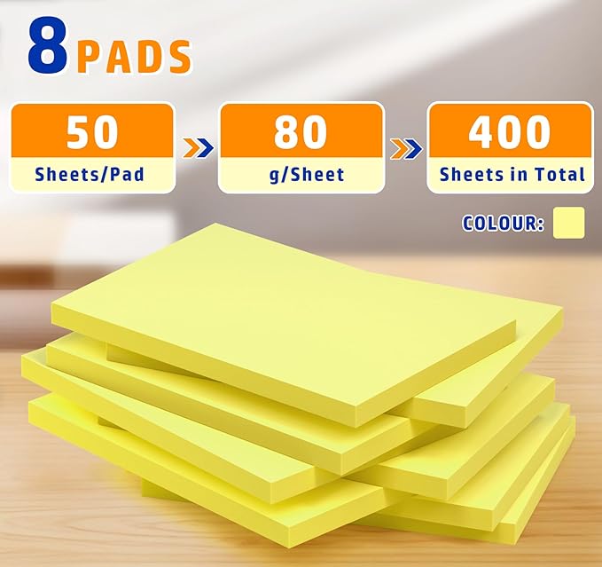 4 x 6in Yellow Sticky Notes Large,400pcs Recyclable Sticky Notes,8 Pack Notes Pads Memo Pads,Strong Self-Adhesive Notes, Bulk Large Pads Easy to Post Notes for Home School Office Desk Accessories