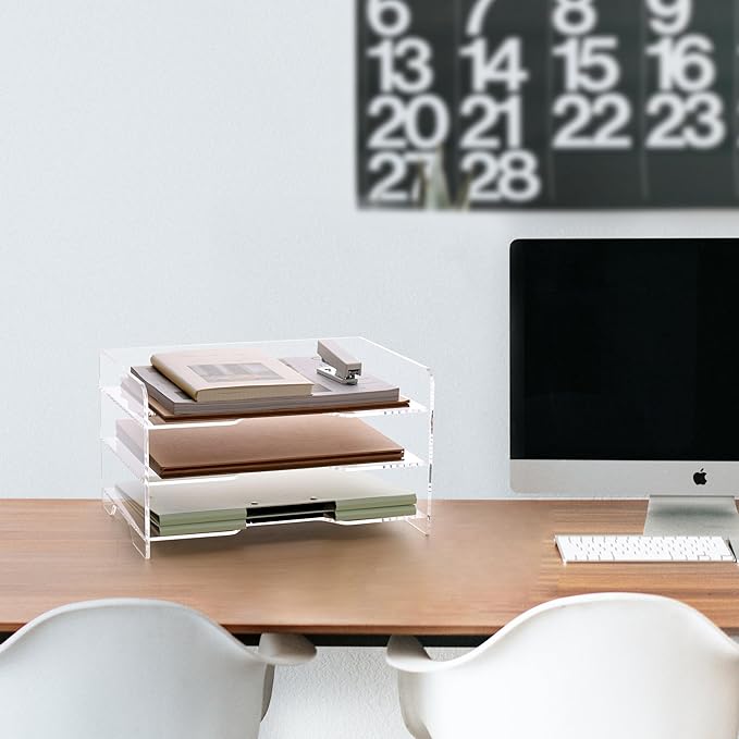 SANRUI Paper Letter Tray Organizer 3 Tier Acrylic Desk File Organizer with Bottom Handle, Paper Sorter Organizer for Letter/A4 Office Organization,Clear