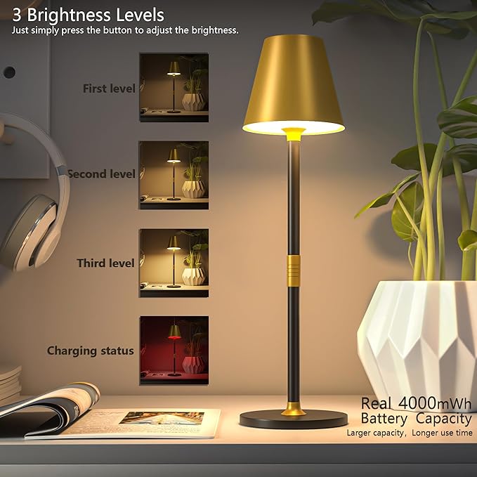 Modern LED CordlessTable Lamp,4000mAh Rechargeable Battery Desk lamp,3 Level Brightness Night Light,Minimalist Design, for Couple Dinner/Coffee Table/Restaurant/Bedroom(Gold&Black)