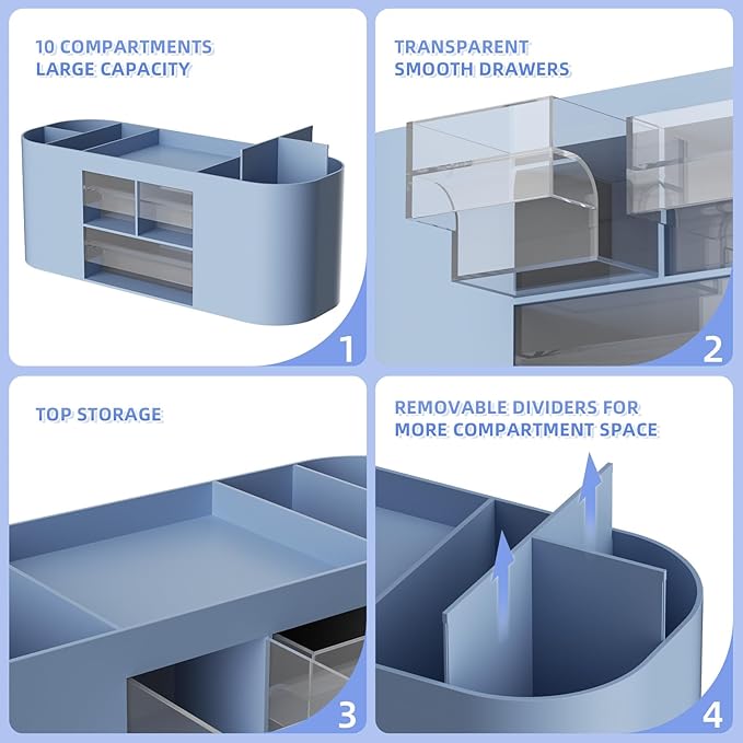 Marbrasse Desk Organizer Pen Holder for Desk with 3 Drawers, Multi-Functional Pencil Holder, Desk Organizers and Accessories with 7 Compartments for Home, School, Classroom(Blue)
