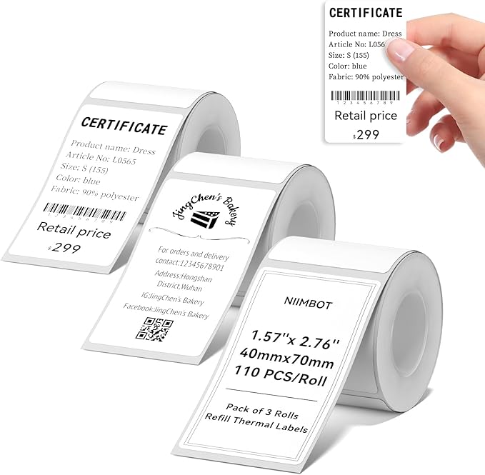 NIIMBOT 3 Rolls White Labels for B1 B21 B3S K3 Label Maker, 1.57'' x 2.76'' (40x70mm) Printer Labels, Food Labels for Jars, Personalized Editable Labels for Home/School/Office