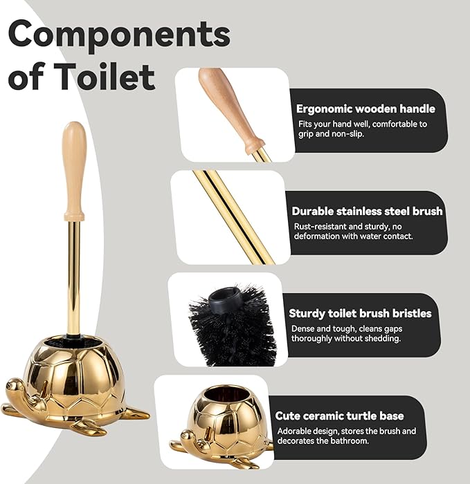 Turtle Base Toilet Brush Set - Gold Ceramic Toilet Scrubber Brush 7.5” Bowl Cleaner with Ergonomic Handle, Mini Cute Bathroom Cleaning Brush - Bathroom Decor