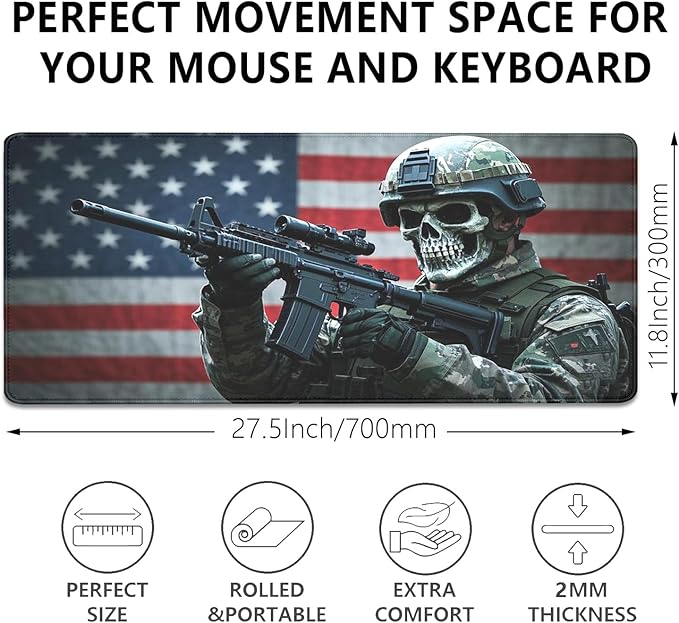 America Skeleton Warrior Mouse Pad,US Flag Soldier XL Mousepad Desk Pad with Stitched Edges,Non-Slip Waterproof Rubber Base Mouse Mat Desk Mat for Office Computer Keyboard Laptop Home(27.5x11.8 in)