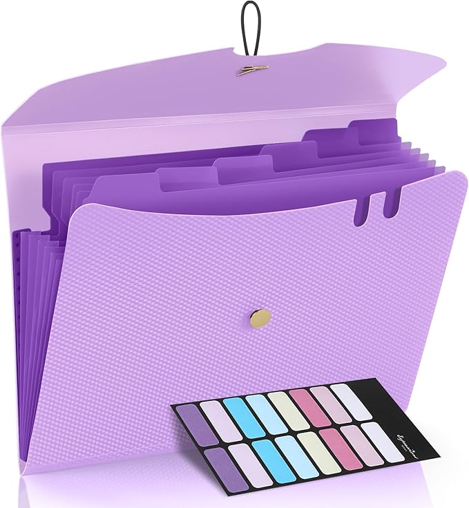 Sooez 7 Pocket Expanding File Folder, Premium Accordion File Organizer, Letter Size Folders for Documents, Sleek Filing Folders with Bungee Closure, Portable Folders for School Office Supplies, Purple