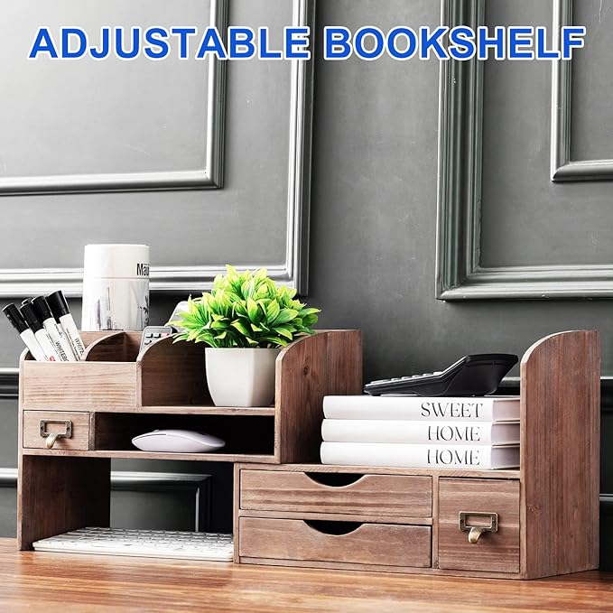 Executive Office Solutions Adjustable Wooden Desk Organizer For Desktop, Tabletop, Office or Counter – Wood Storage Shelf Rack For Office Supplies, Desk Accessories, or Mail – Brown