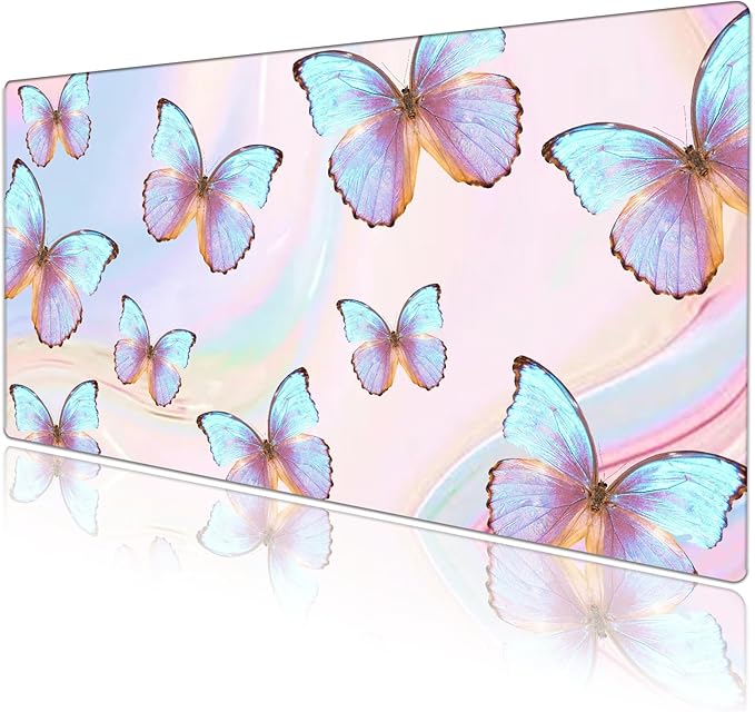 Butterfly Desk Pad Protector, Stitched Edges Mouse Pad, Large Office Mat, Non-Slip Blotter, Laptop Pad, Writing Pad for Office and Home (31.5" x 15.7")
