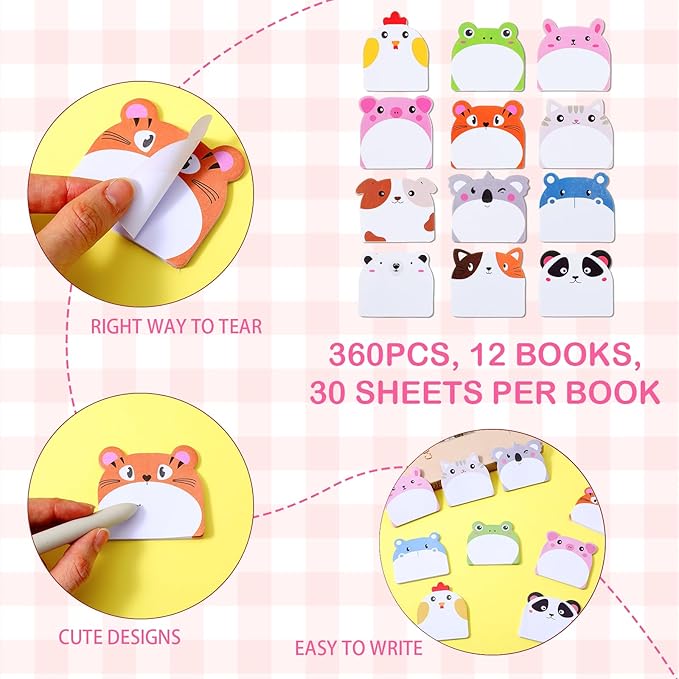 360Pcs Cartoon Animals Kawaii Sticky Notes Shimmeroo Cute Self-Adhesive Kawaii Sticky Notes Repositionable Colorful Note for Office School Students Journaling Writing Materials Key Marks Stationery