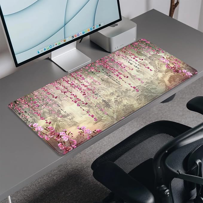 Mountains Flowers and Words Desk Pad Mouse Pad,Large Gaming Chinese Style Mouse Mat with Stitched Edges,Non-Slip Waterproof Rubber Base Mousepad for Office Work Home Desk Mat(27.5X11.8 in)