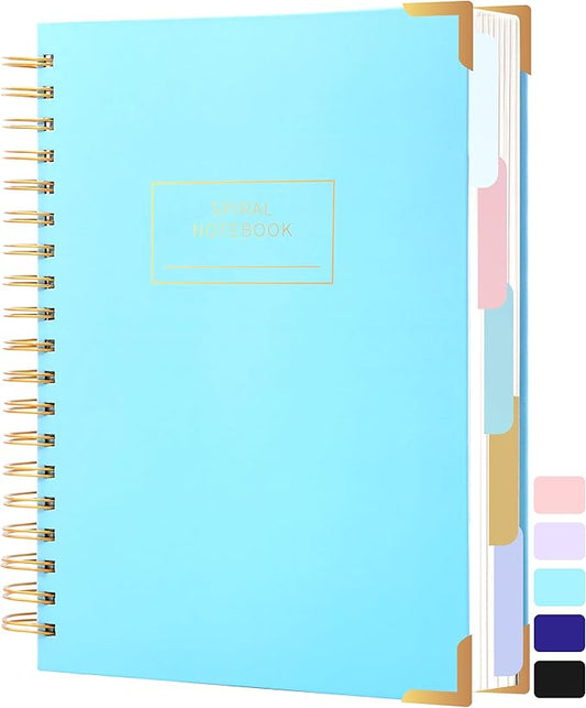 Hardcover Spiral Notebook with Tabs 8"x10" Large Spiral Lined Journals for Women with Dividers 240 Pages College Ruled Composition Notebook 5 Subject Notebook for Work, Back to School, Gifts, Blue