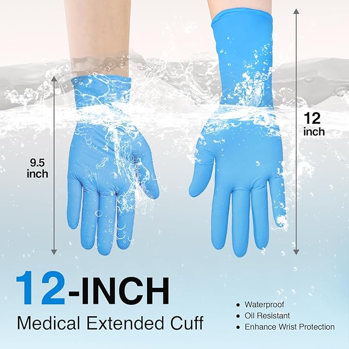 Schneider Nitrile Exam Gloves, Extended 12 Inches Cuff, Small, 4 mil, 50-ct Box, Gloves Disposable Latex Free, Powder Free for Medical, Food Prep, Cleaning, Cooking, Blue