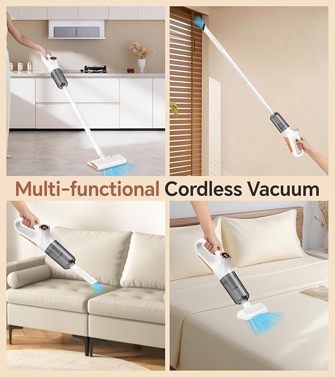 AbuDodo Cordless Vacuum Cleaner, Stick Vacuum Cordless Rechargeable with Powerful Suction and LED Display, Portable Vacuum Cleaners for Home, Wireless Vacuum for Hardwood Floor Carpet Pet Hair, White