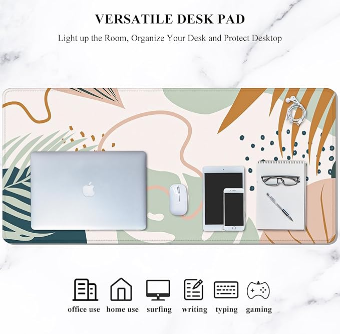 Auhoahsil Large Mouse Pad, XXL Gaming Mousepad, Desk Mat for Desktop, Thick Rubber, Big & Long Size, Stitched Edges, Full Desk Pad for Laptop & Computer, Extended 31.5 x 11.8 in, Boho Leaves