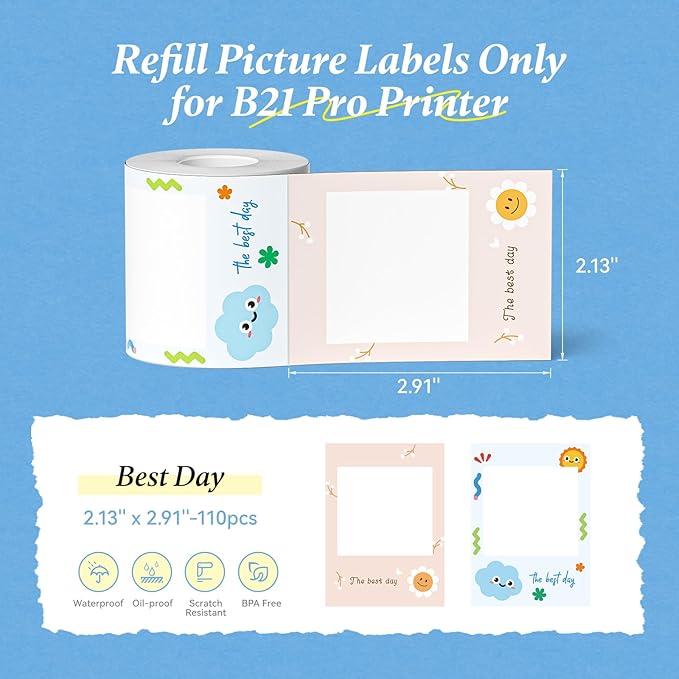 NIIMBOT Photo Papers Only for B21 Pro 300DPI Label Maker, Thermal Picture Labels Good Idea to Print Photos, Beauty Memories, Note,List (2.13''x2.91''-54x74mm)