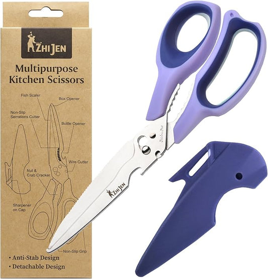 All Purpose Kitchen Scissors for Food and Heavy-Duty, Stainless Steel Cooking Shears for Chicken, Poultry, Meat, Herbs, Fish, Bones, Multi-Purpose Cooking Accessories with Cap and Sharpener