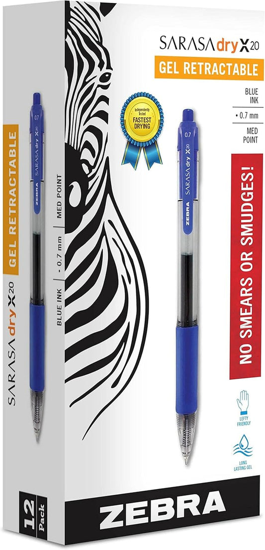 Zebra Pen Sarasa Dry X20 Retractable Gel Pens, 0.7mm Medium Point, Blue Ink with Rapid Dry Ink Technology, Ideal for Office Supplies and School Supplies, 12-Pack (46820)